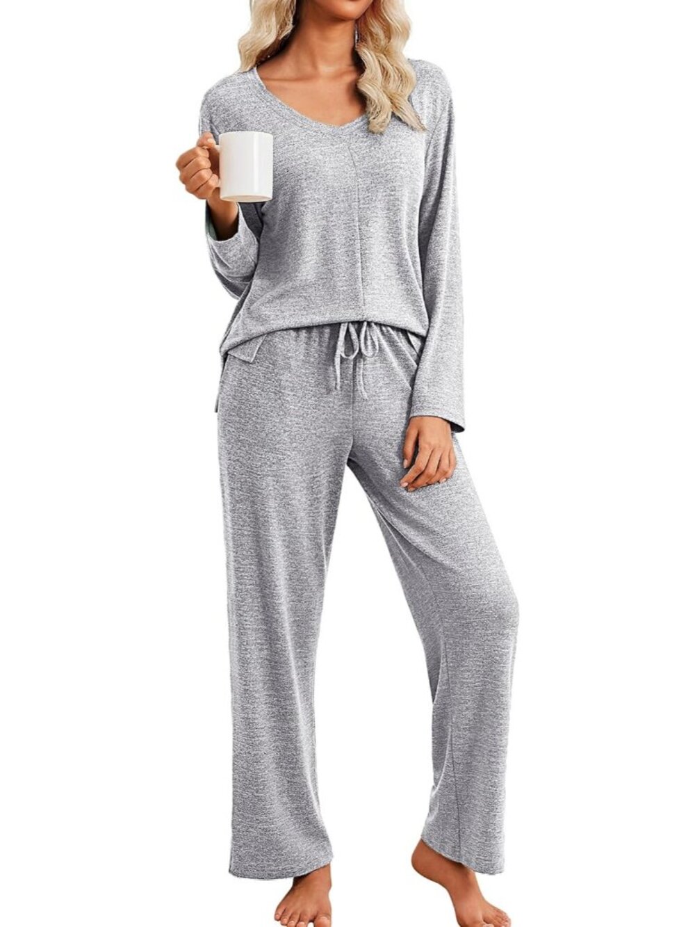 Women's Light Grey V Neck long sleeves Shirt 2 Piece side pocket Pajamas Set